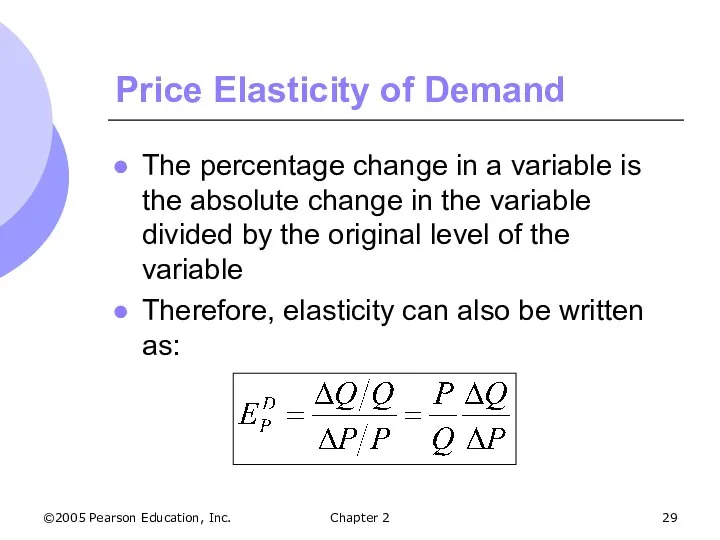 ©2005 Pearson Education, Inc. Chapter 2 Price Elasticity of Demand The