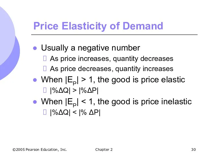 ©2005 Pearson Education, Inc. Chapter 2 Price Elasticity of Demand Usually