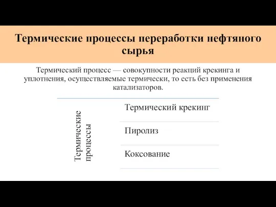 Термические процессы переработки нефтяного сырья Термический процесс — совокупности реакций крекинга