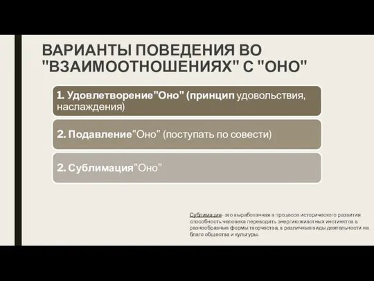 ВАРИАНТЫ ПОВЕДЕНИЯ ВО "ВЗАИМООТНОШЕНИЯХ" С "ОНО" Сублимация- это выработанная в процессе