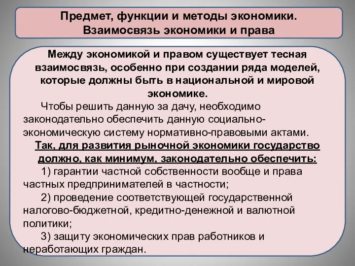 Предмет, функции и методы экономики. Взаимосвязь экономики и права Между экономикой