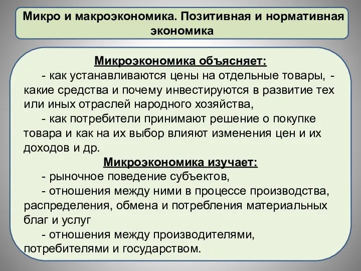 Микро и макроэкономика. Позитивная и нормативная экономика Микроэкономика объясняет: - как