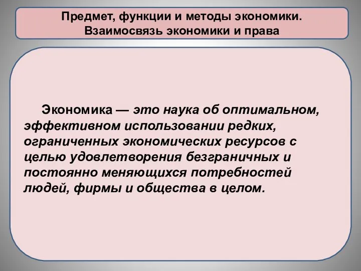 Предмет, функции и методы экономики. Взаимосвязь экономики и права Экономика —