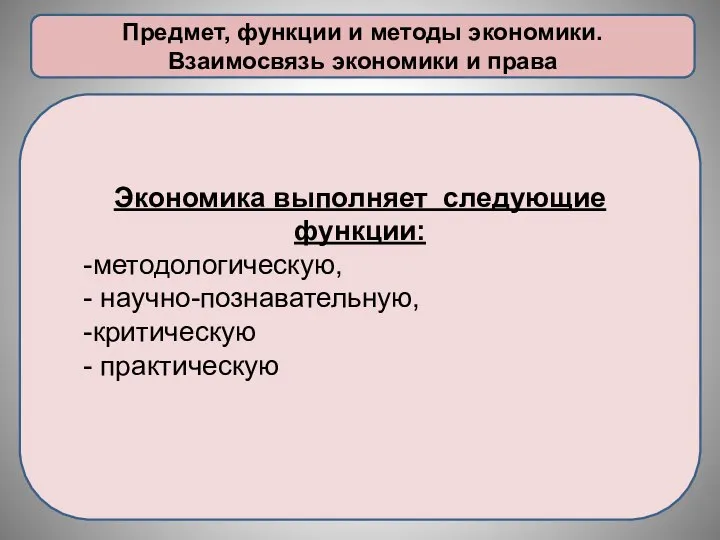 Предмет, функции и методы экономики. Взаимосвязь экономики и права Экономика выполняет