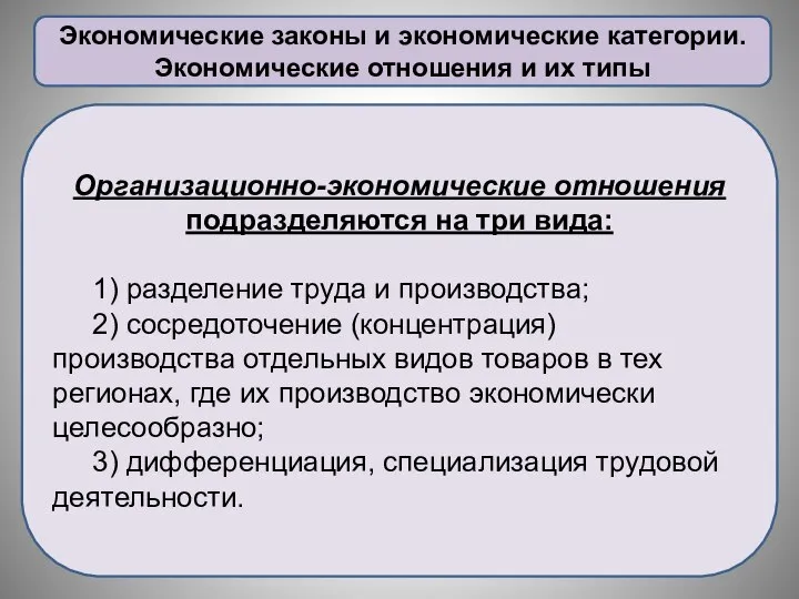 Экономические законы и экономические категории. Экономические отношения и их типы Организационно-экономические