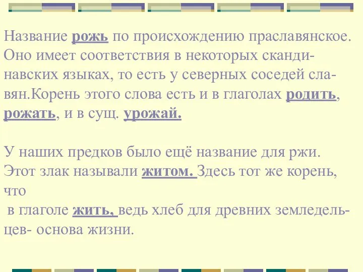 Название рожь по происхождению праславянское. Оно имеет соответствия в некоторых сканди-