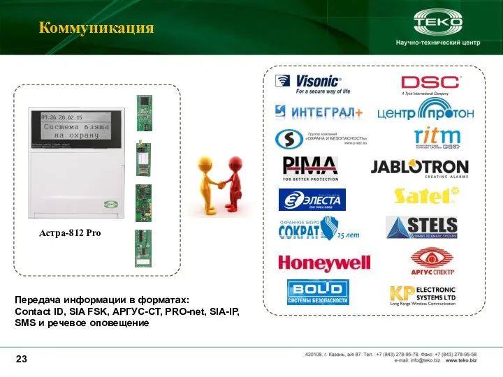 Коммуникация Астра-812 Pro Передача информации в форматах: Contact ID, SIA FSK,