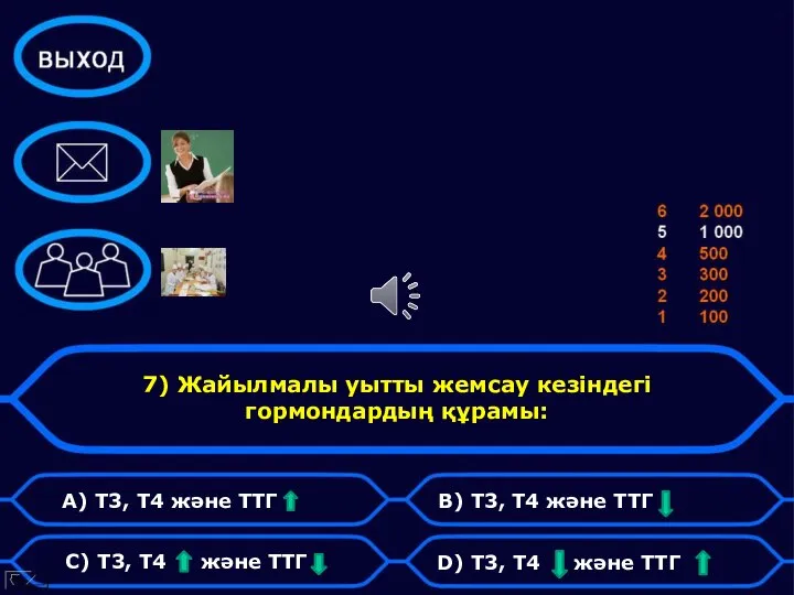 7) Жайылмалы уытты жемсау кезіндегі гормондардың құрамы: А) Т3, Т4 және