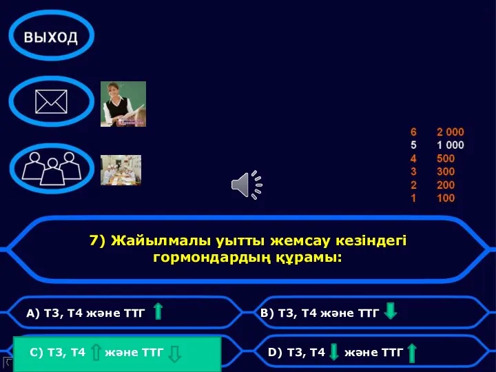 7) Жайылмалы уытты жемсау кезіндегі гормондардың құрамы: А) Т3, Т4 және