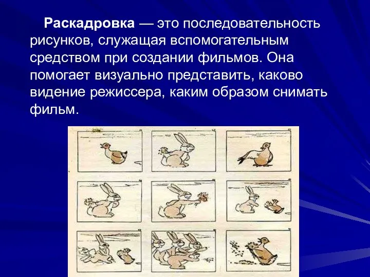 Раскадровка — это последовательность рисунков, служащая вспомогательным средством при создании фильмов.