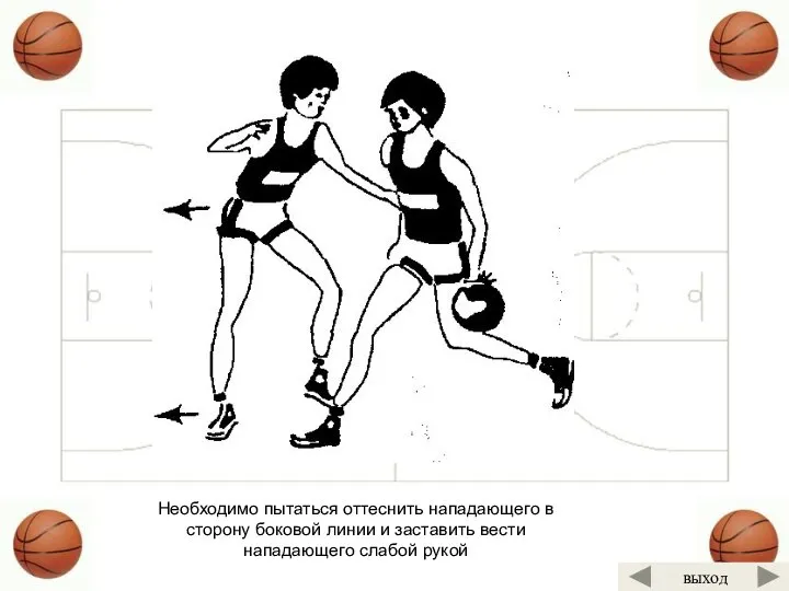 Необходимо пытаться оттеснить нападающего в сторону боковой линии и заставить вести нападающего слабой рукой