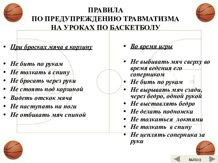 При бросках мяча в корзину Не бить по рукам Не толкать