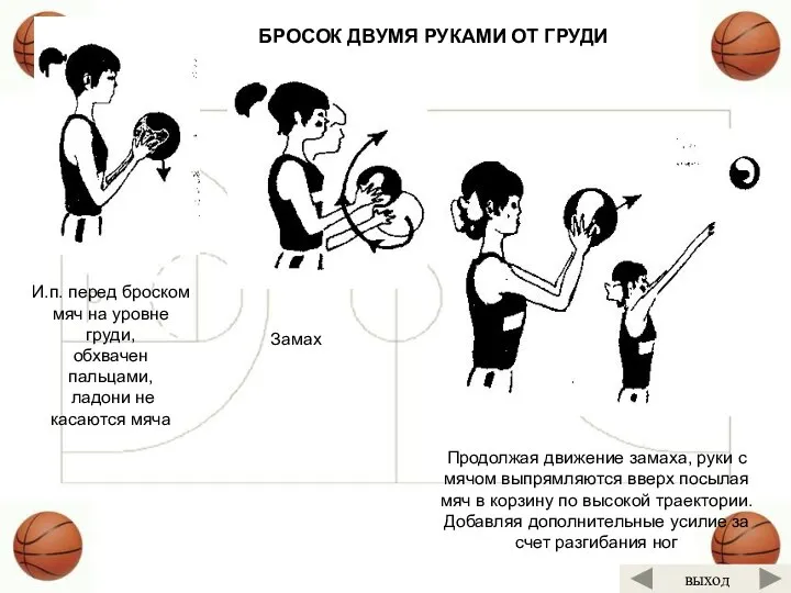 И.п. перед броском мяч на уровне груди, обхвачен пальцами, ладони не