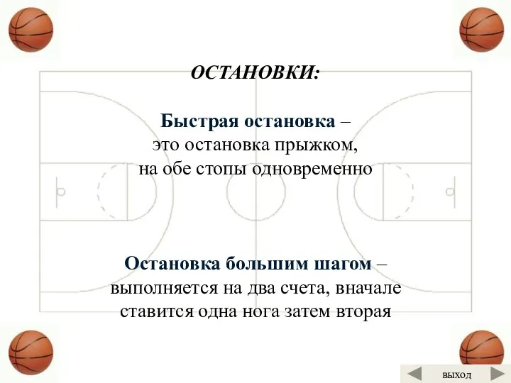 ОСТАНОВКИ: Быстрая остановка – это остановка прыжком, на обе стопы одновременно