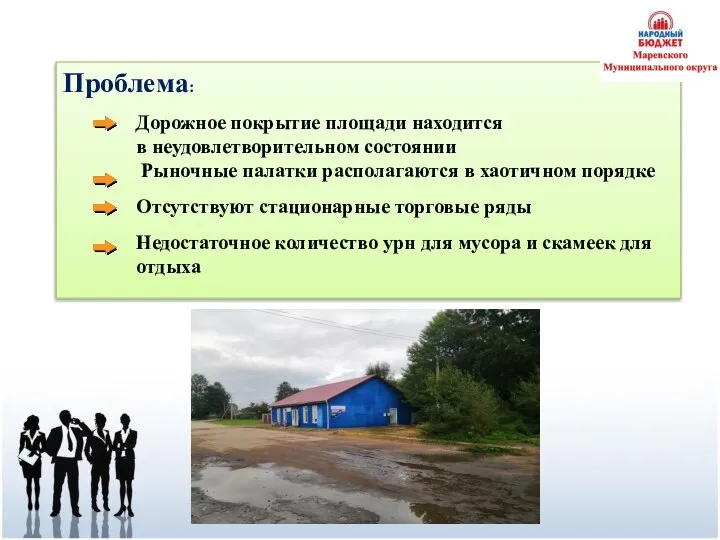 Проблема: Дорожное покрытие площади находится в неудовлетворительном состоянии Рыночные палатки располагаются