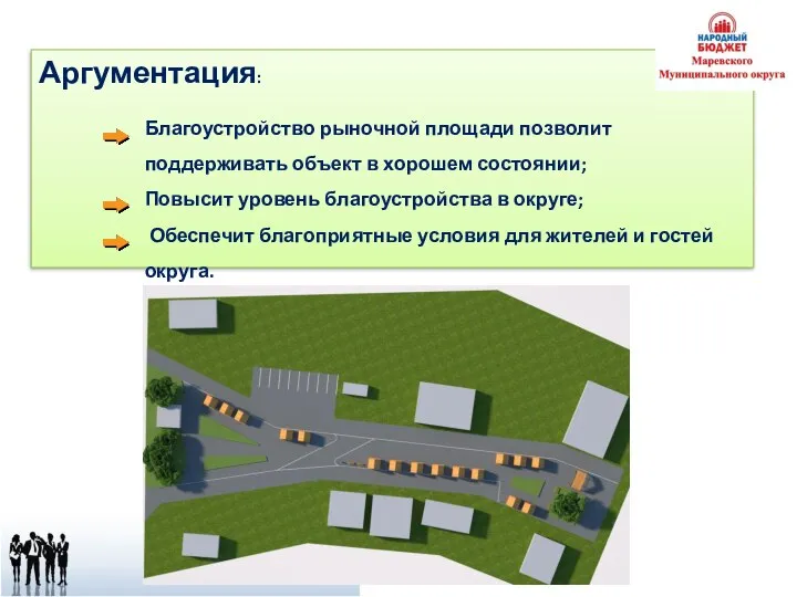 Аргументация: Благоустройство рыночной площади позволит поддерживать объект в хорошем состоянии; Повысит