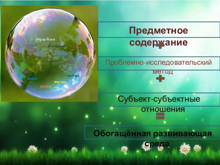 Предметное содержание Проблемно-исследовательский метод Субъект-субъектные отношения Обогащённая развивающая среда