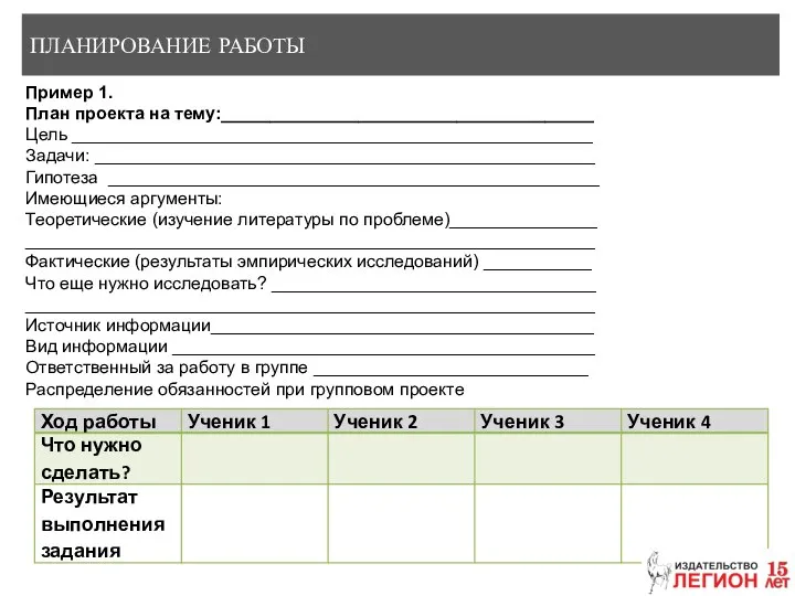 ПЛАНИРОВАНИЕ РАБОТЫ Пример 1. План проекта на тему:______________________________________ Цель _____________________________________________________ Задачи: