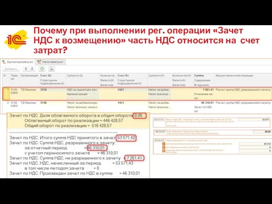 Почему при выполнении рег. операции «Зачет НДС к возмещению» часть НДС относится на счет затрат?
