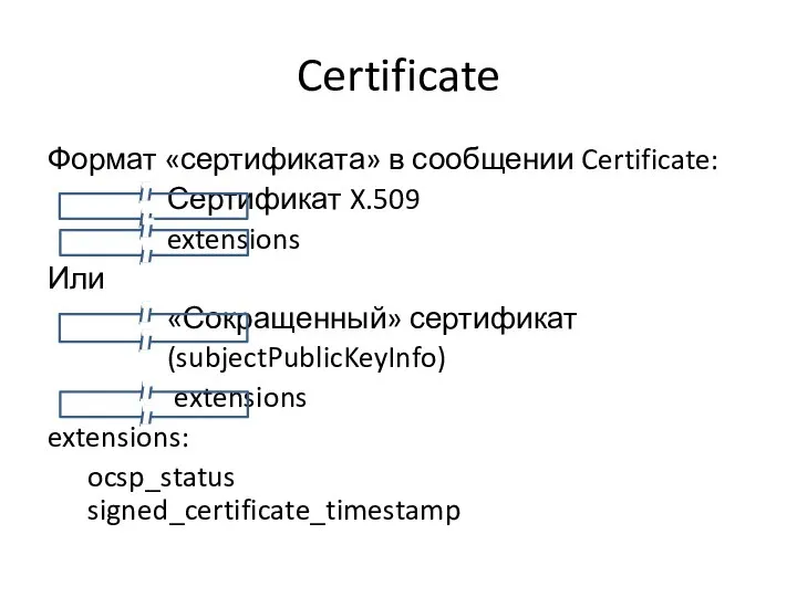 Certificate Формат «сертификата» в сообщении Certificate: Сертификат X.509 extensions Или «Сокращенный»