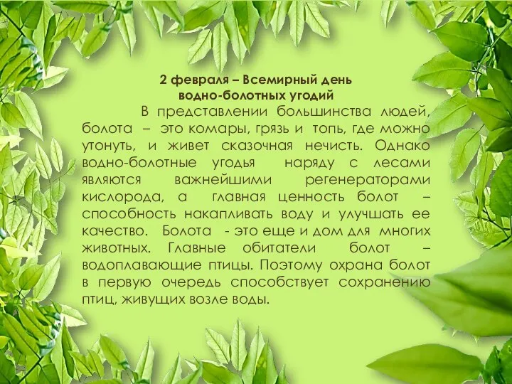 2 февраля – Всемирный день водно-болотных угодий В представлении большинства людей,