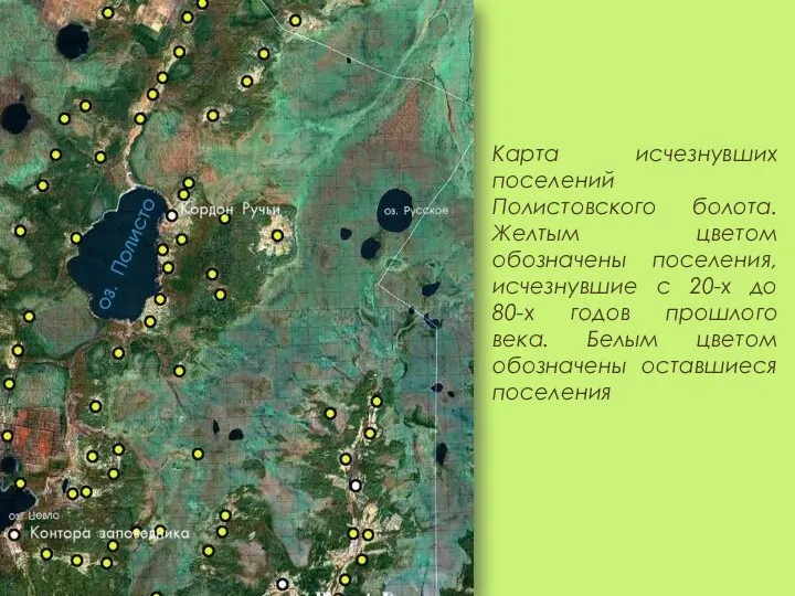 Карта исчезнувших поселений Полистовского болота. Желтым цветом обозначены поселения, исчезнувшие с