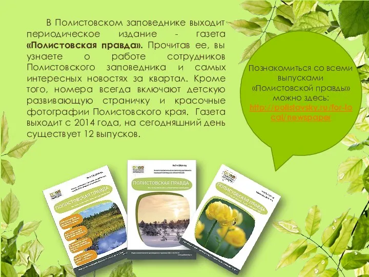 В Полистовском заповеднике выходит периодическое издание - газета «Полистовская правда». Прочитав