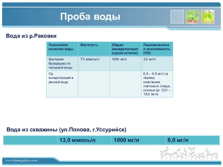 Проба воды Вода из скважины (ул.Попова, г.Уссурийск) Вода из р.Раковки