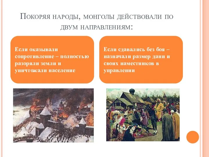 Покоряя народы, монголы действовали по двум направлениям: Если оказывали сопротивление –