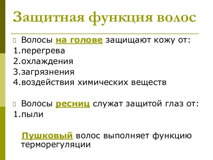 Защитная функция волос Волосы на голове защищают кожу от: 1.перегрева 2.охлаждения