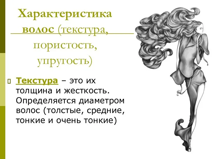 Характеристика волос (текстура, пористость, упругость) Текстура – это их толщина и