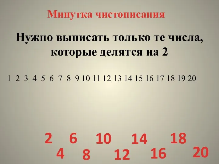 Минутка чистописания Нужно выписать только те числа, которые делятся на 2