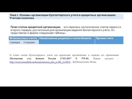 Тема 1. Основы организации бухгалтерского учета в кредитных организациях. Учетная политика.