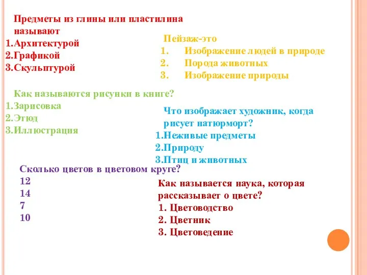 Предметы из глины или пластилина называют Архитектурой Графикой Скульптурой Как называются