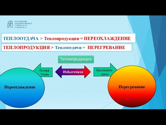 ТЕПЛООТДАЧА > Теплопродукции = ПЕРЕОХЛАЖДЕНИЕ ТЕПЛОПРОДУКЦИЯ > Теплоотдачи = ПЕРЕГРЕВАНИЕ Теплопродукция