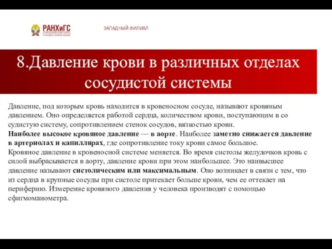 8.Давление крови в различных отделах сосудистой системы ЗАПАДНЫЙ ФИЛИАЛ Давление, под