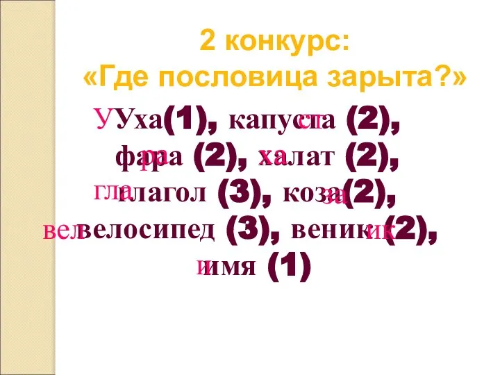 2 конкурс: «Где пословица зарыта?» Уха(1), капуста (2), фара (2), халат