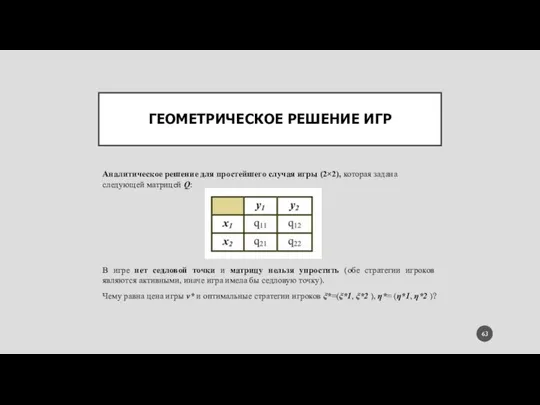 ГЕОМЕТРИЧЕСКОЕ РЕШЕНИЕ ИГР Аналитическое решение для простейшего случая игры (2×2), которая