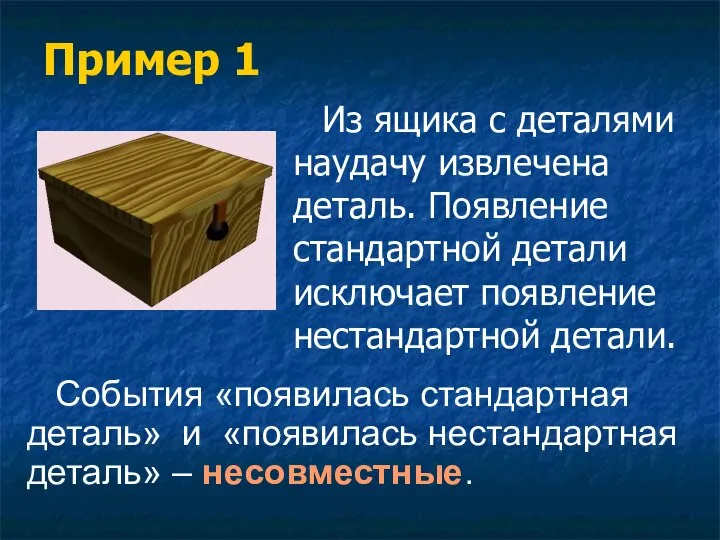 Пример 1 Из ящика с деталями наудачу извлечена деталь. Появление стандартной