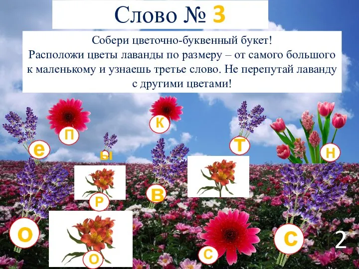 Слово № 3 Собери цветочно-буквенный букет! Расположи цветы лаванды по размеру