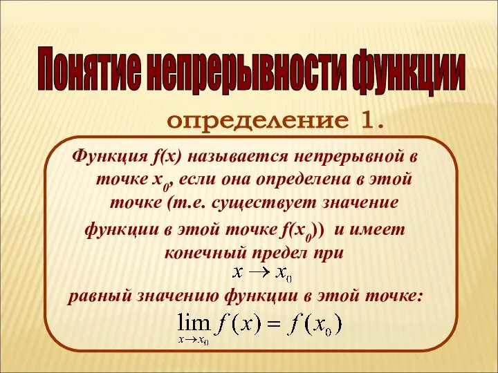 Понятие непрерывности функции Функция f(x) называется непрерывной в точке x0, если