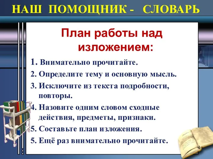 НАШ ПОМОЩНИК - СЛОВАРЬ План работы над изложением: 1. Внимательно прочитайте.