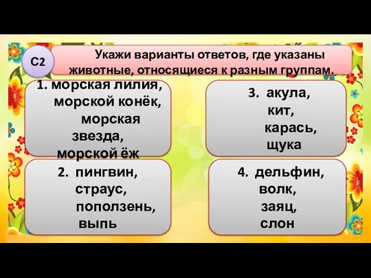 Укажи варианты ответов, где указаны животные, относящиеся к разным группам. 4.