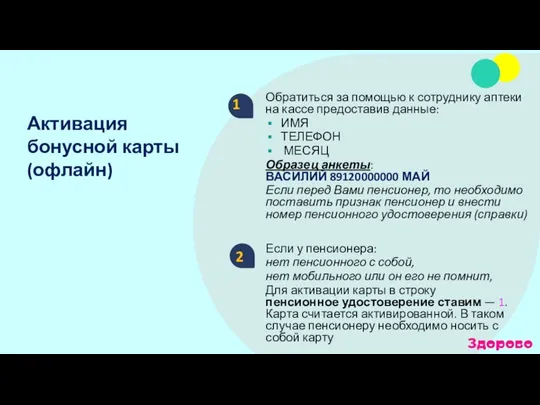 Активация бонусной карты (офлайн) Обратиться за помощью к сотруднику аптеки на