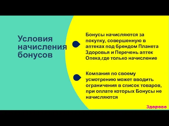 Условия начисления бонусов Бонусы начисляются за покупку, совершенную в аптеках под