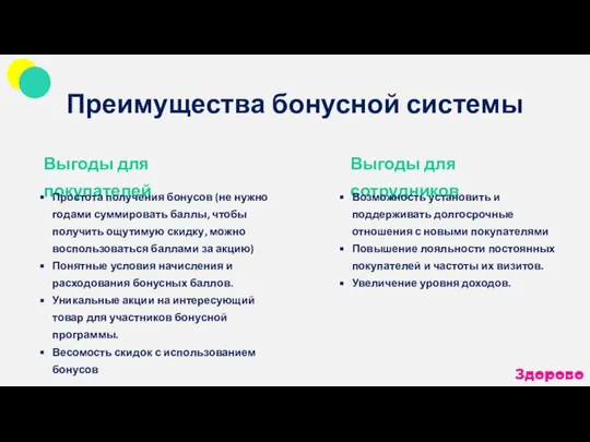 Преимущества бонусной системы Выгоды для покупателей Выгоды для сотрудников Простота получения