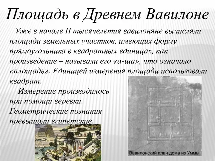 Площадь в Древнем Вавилоне Уже в начале II тысячелетия вавилоняне вычисляли