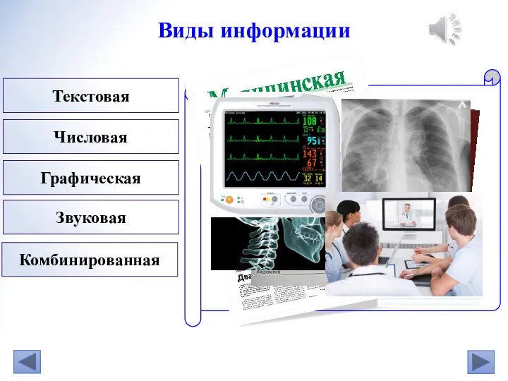 Текстовая Числовая Графическая Звуковая Комбинированная Виды информации