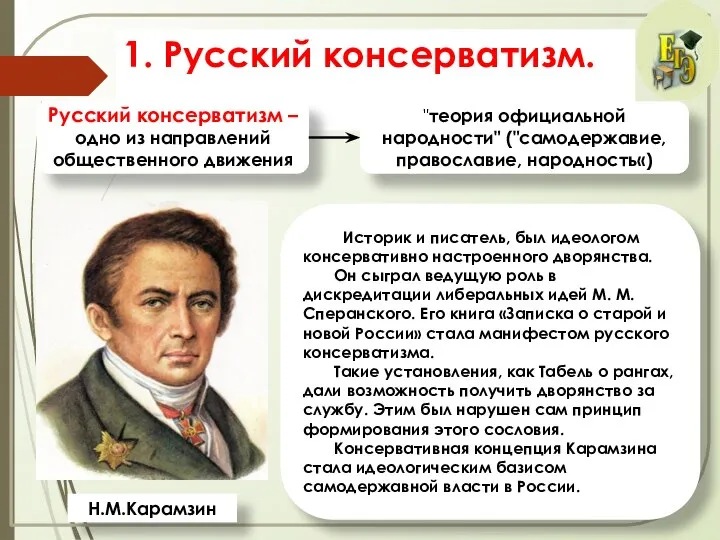 1. Русский консерватизм. Русский консерватизм – одно из направлений общественного движения