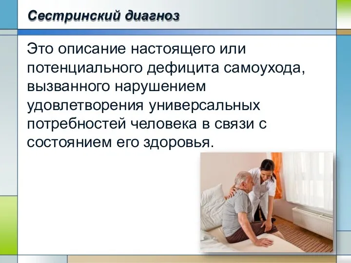 Сестринский диагноз Это описание настоящего или потенциального дефицита самоухода, вызванного нарушением